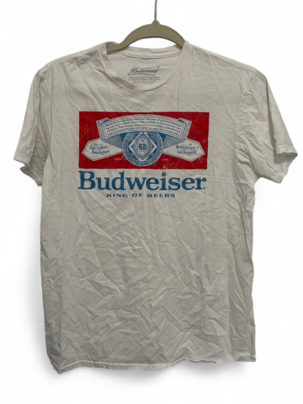 Budweiser White Short Sleeve Tee Shirt with Red and Blue Logo Graphic